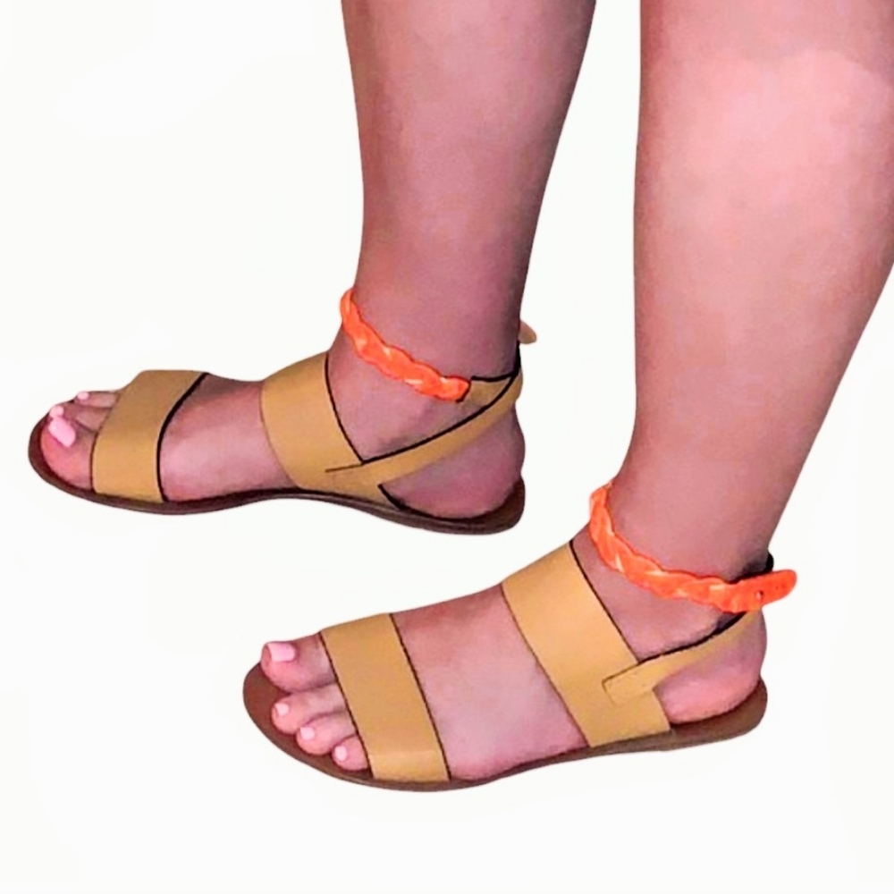 See By Chloe Tan Leather Flat Sandals with Orange Braided Ankle Straps